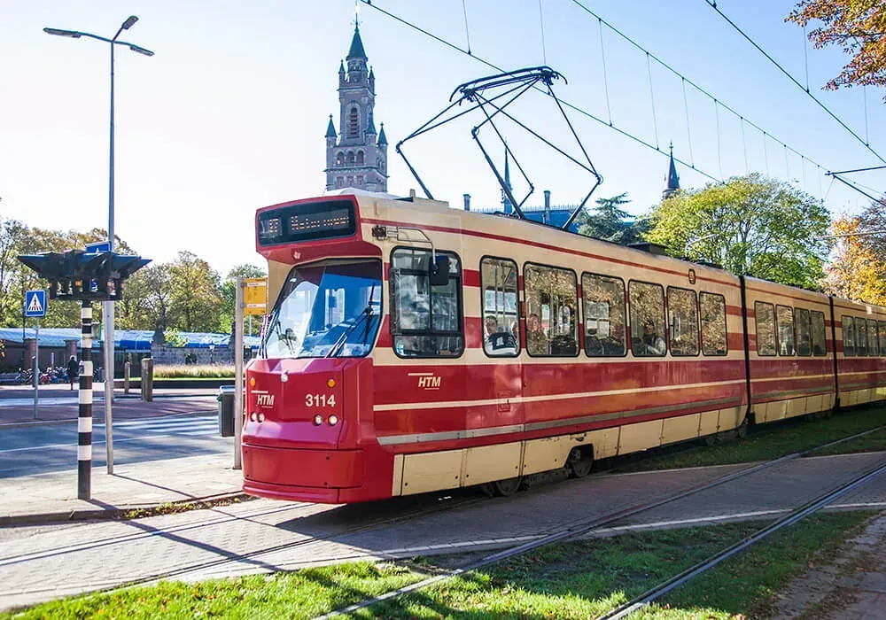 An HTM tram in a street in the centre of The Hague